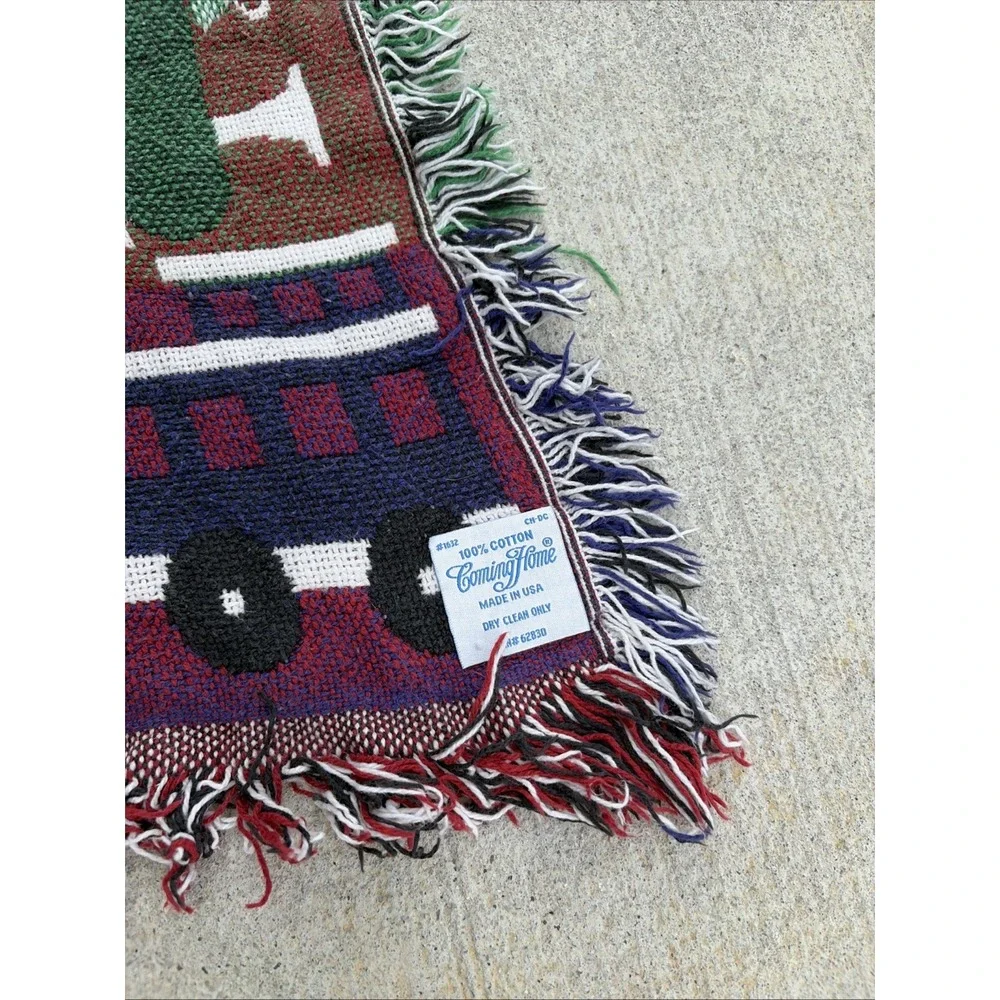 Coming Home Christmas Rocking Horse & Train Woven Throw Blanket –USA 100% Cotton